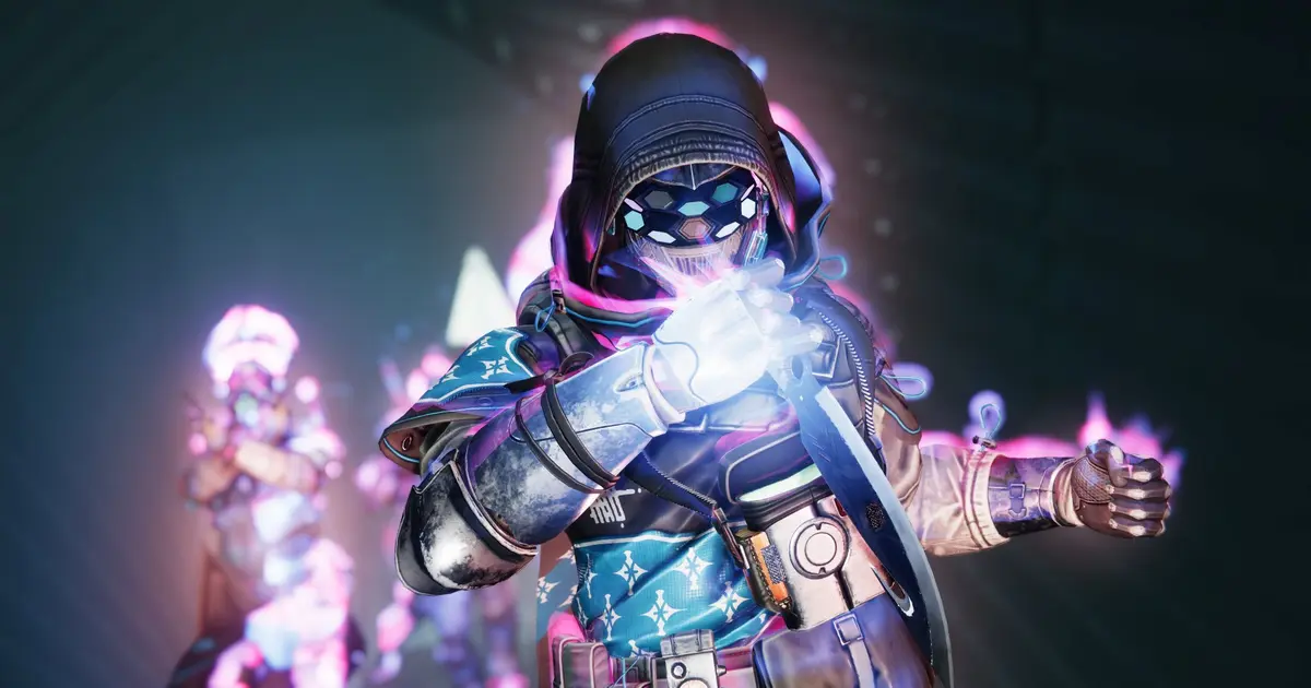 A close-up of a Hunter holding a knife in front of them as they walk forward turning Transcendent using Prismatic in Destiny 2 The Final Shape.