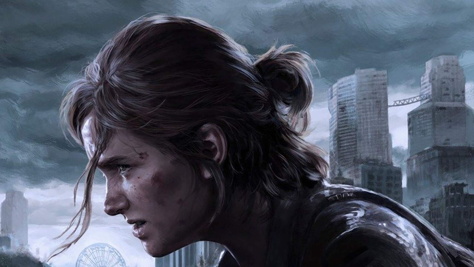 Ellie is standing in front of a city with a ferris wheel in The Last of Us Part 2