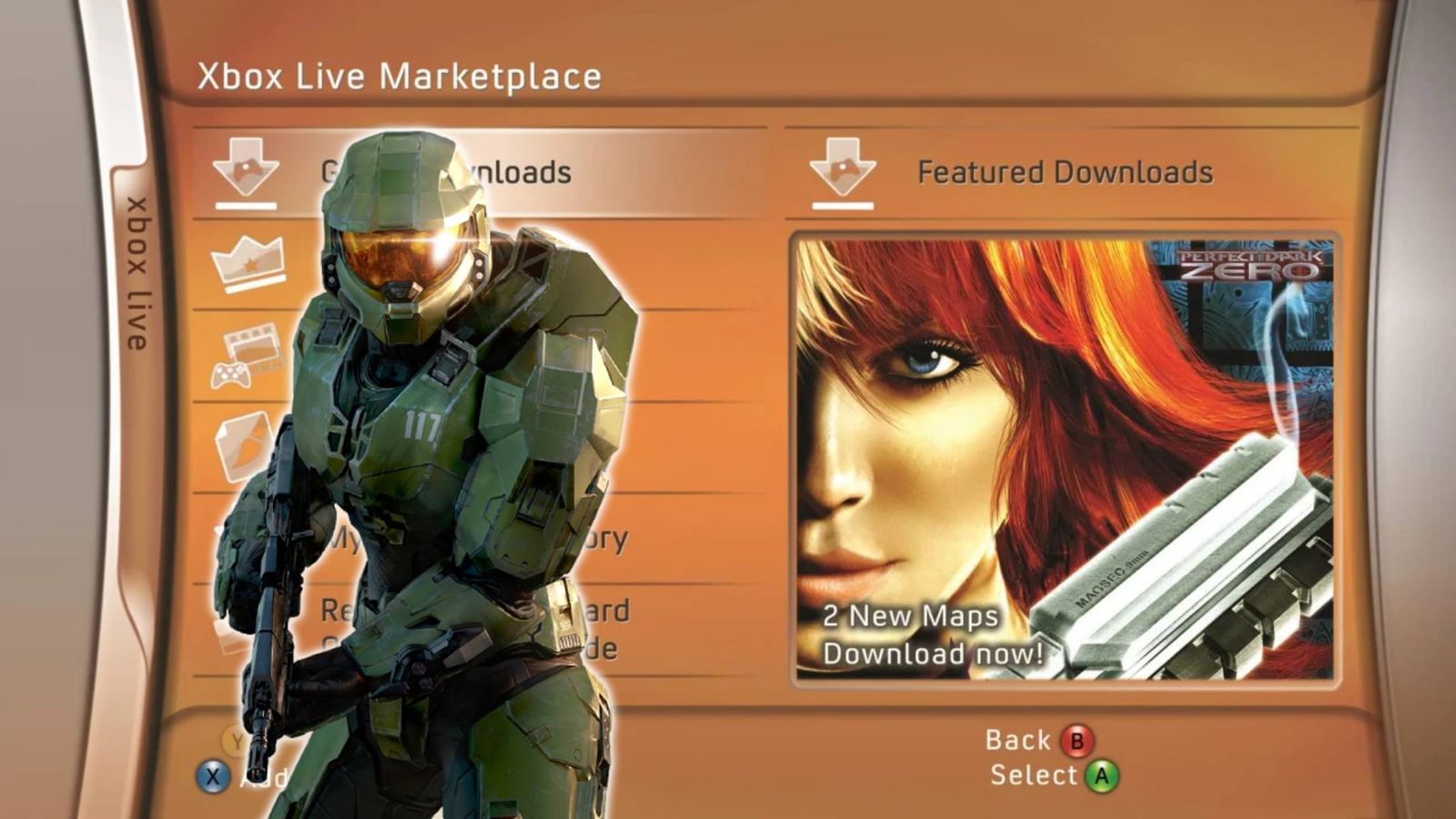 Master Chief is standing next to Joanna Dark in the Xbox 360 Blades OS