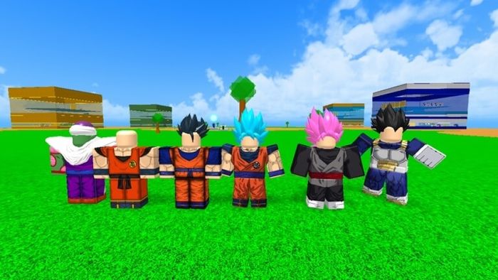 A group of Roblox characters dressed in themed outfits in Dragon Ball Tycoon.