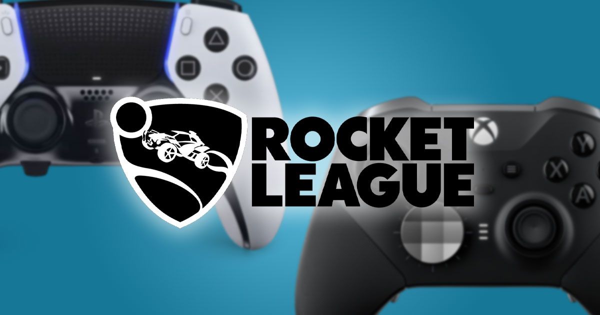 The Rocket League logo in black with a white glow around it and a PS5 controller in white and an Xbox controller in black in the background.
