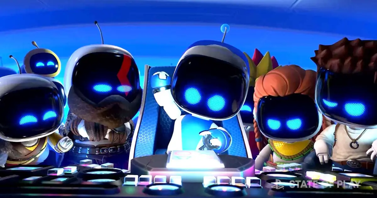 A group of PlayStation robots are standing next to each other in Astro Bot