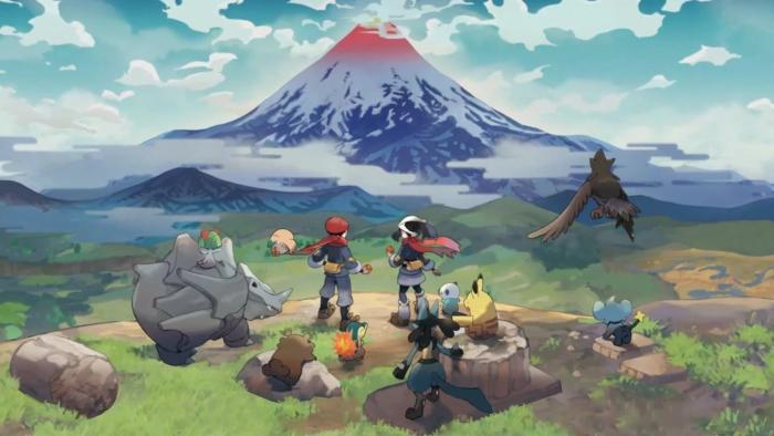 Characters and Pokemon facing mountain