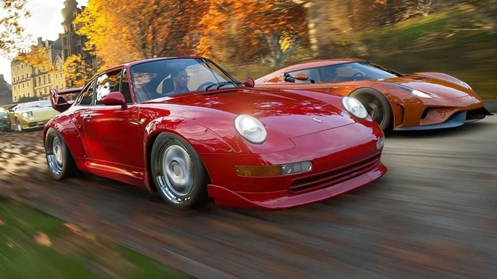 Two red sports cars are driving down a road in Forza Horizon 4