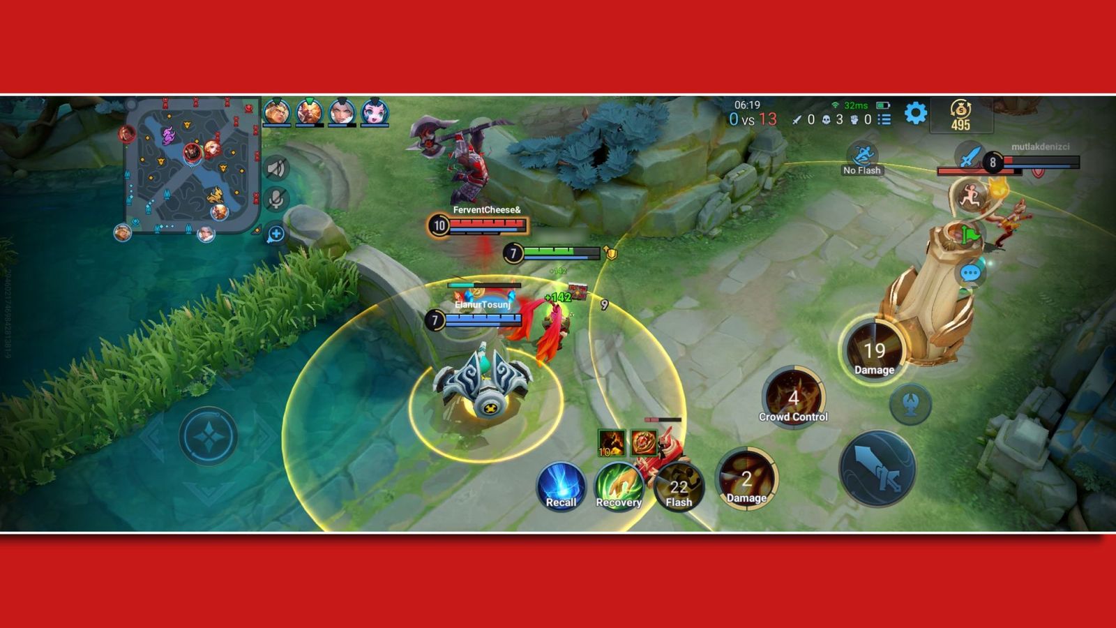 A screenshot of Honor of Kings gameplay as Angela, with the player attacking an enemy with their team next to a tower.