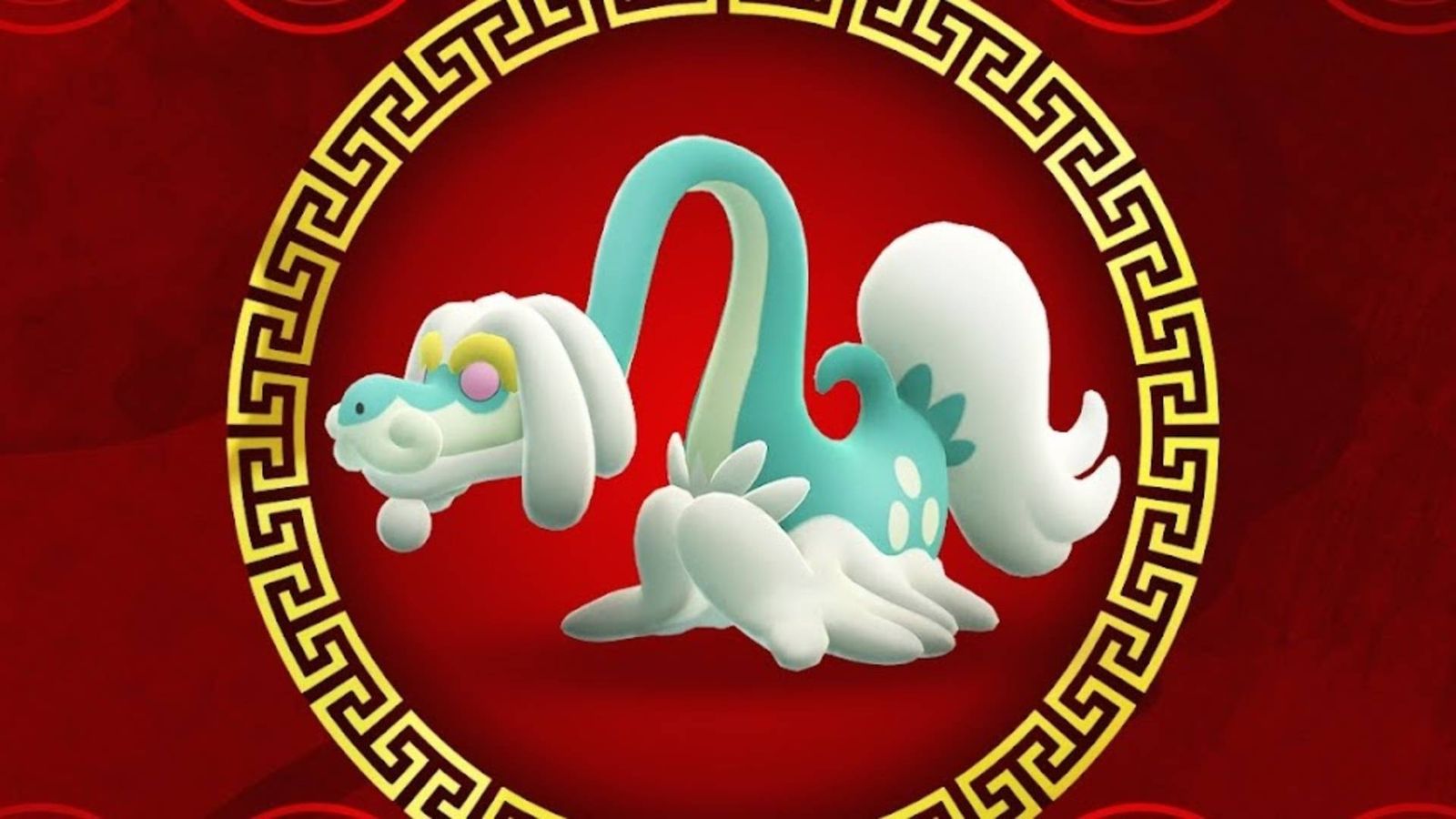 Drampa is laying down in a circle on a red background for Pokémon GO
