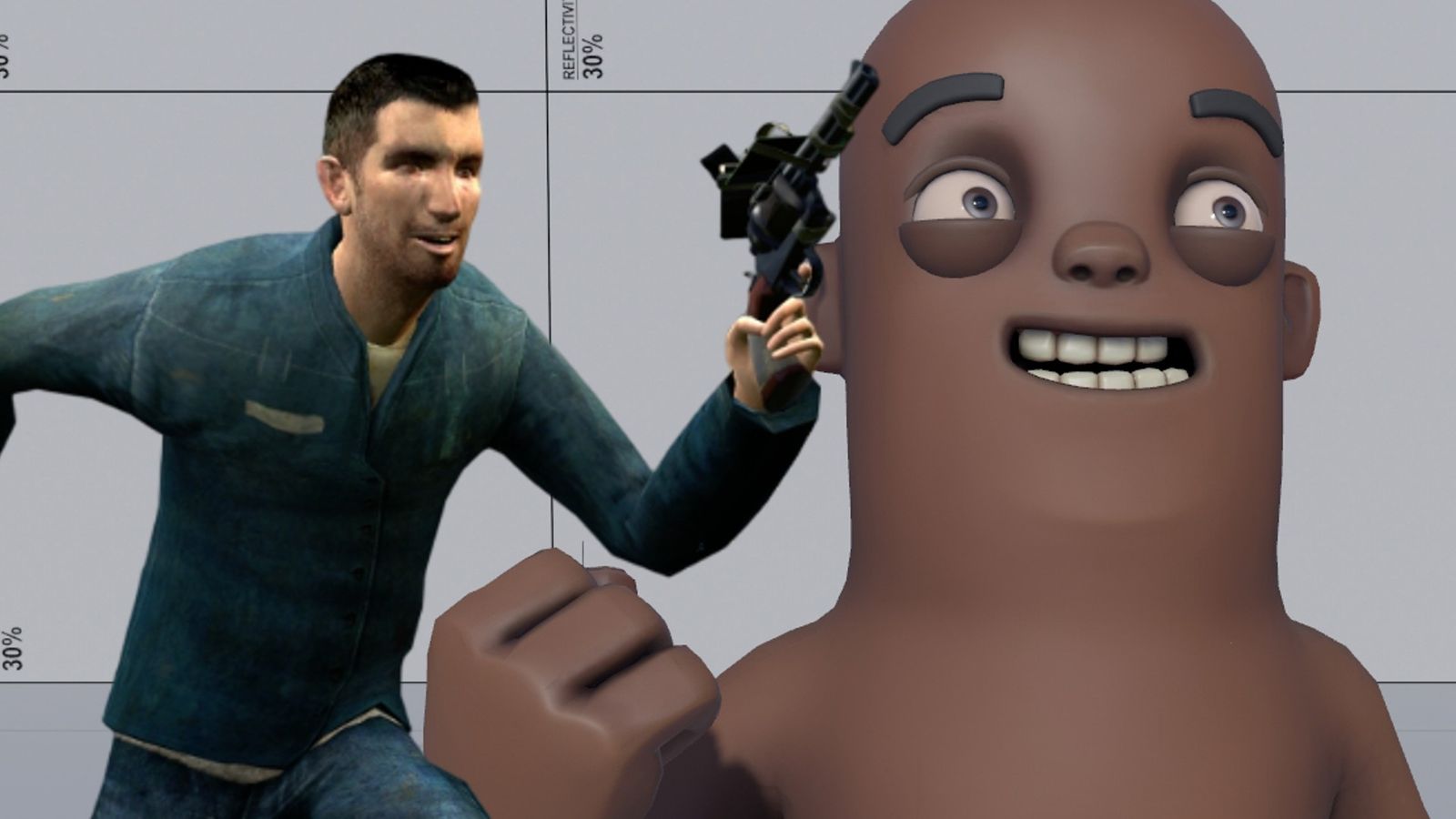 A character holding a Toolgun from Garry's Mod in front of the weird Sandbox character models
