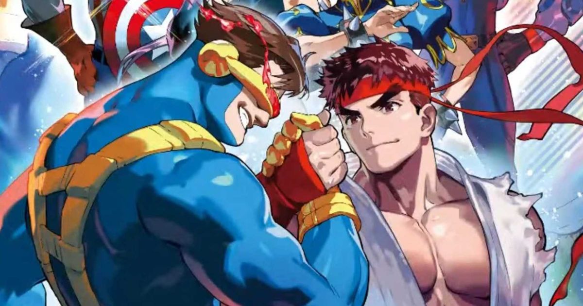 Cyclops and Ryu shake hands in the Marvel vs Capcom Fighting Collection