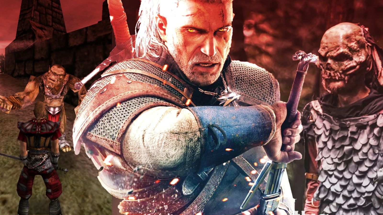 Geralt of Rivia from The Witcher standing next to an image of Gothic 2001 gameplay and a cosplay of a Gothic soldier