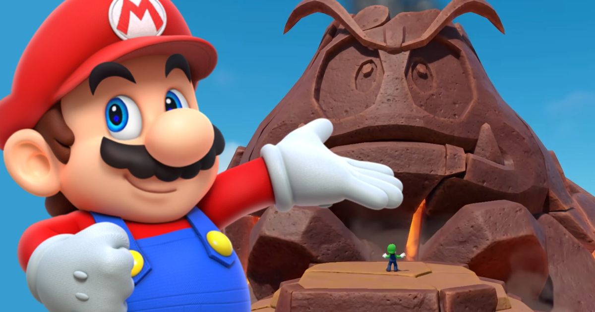 Super Mario Party Jamboree gameplay showing Mario gesturing towards a Volcano shaped like a Goomba. 