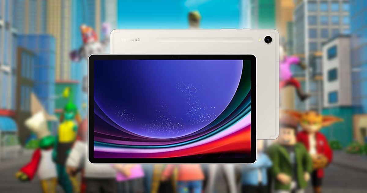 A black and light beige Samsung tablet with a white glow around it in front of a blurry image of a collection of characters from Roblox.
