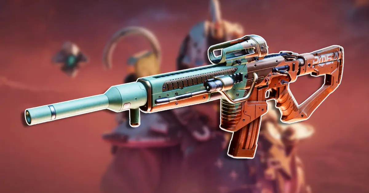 A side profile view of the Khvostov Exotic auto rifle from Destiny 2 The Final Shape, placed against blurred key art of the expansion which features a character, obscured by the overlayed weapon, looking towards the camera with their Ghost over their right shoulder.
