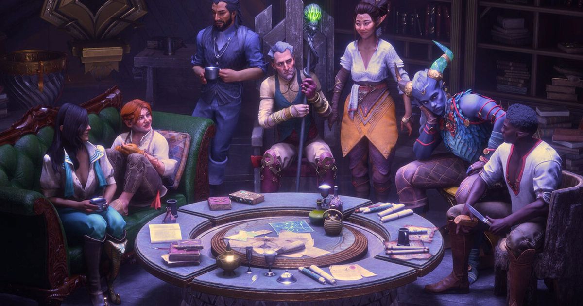 The cast of companions for Dragon Age The Veilguard sit around a circular table.