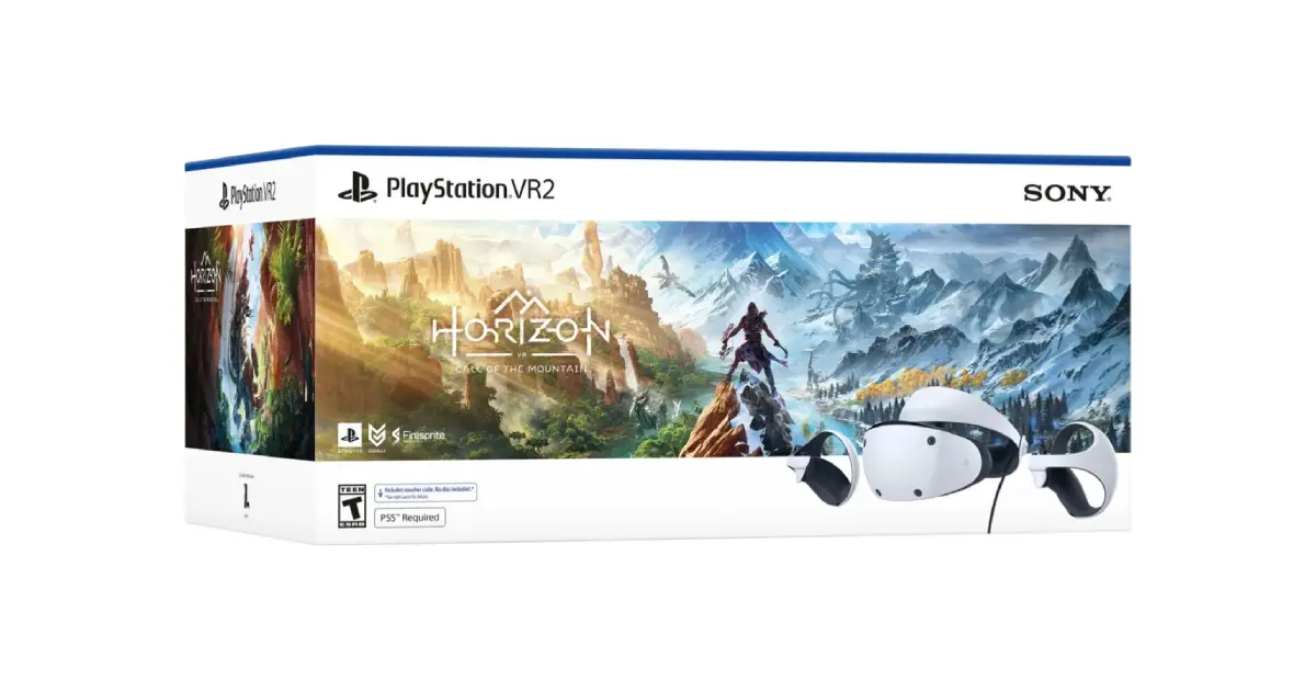 A white box for Horizon Call of the Mountain and PlayStation's VR2 headset.