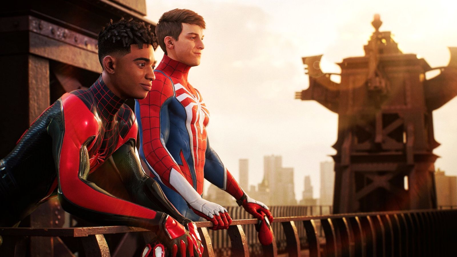 Miles Morales and Peter Parker standing side by side in <b>Spider</b>-<b>Man</b> 2