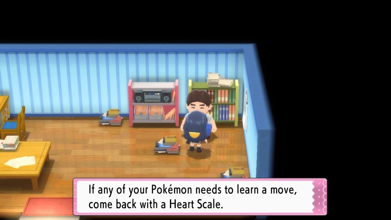 A Pokémon Trainer speaking to the Move Relearner in Pastoria City, who advises them to come back with a Heart Scale, in Pokémon Brilliant Diamond and Shining Pearl.