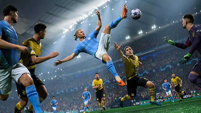 Screenshot of EA Sports FC 24 Erling Haaland stretching for ball in the air