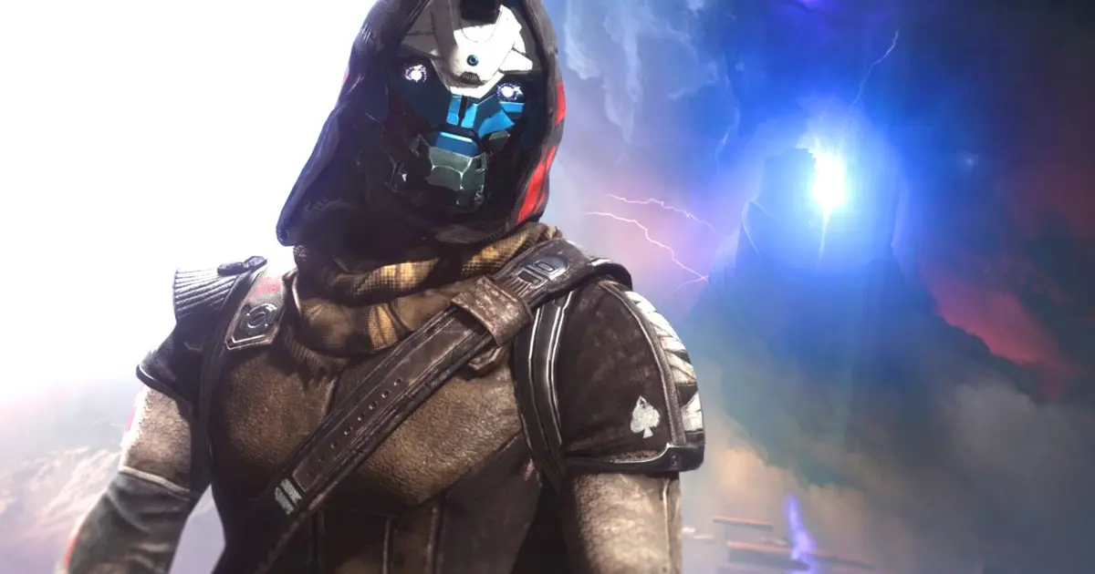 A close up of Cayde-6 from Destiny 2 The Final Shape, with a background of the Witness' spire in the Pale Heart.