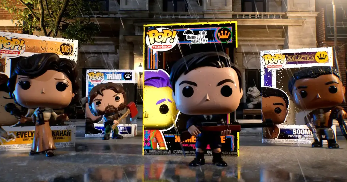 a group of funko pop figures from the Funko Fusion video game standing next to each other on a street .