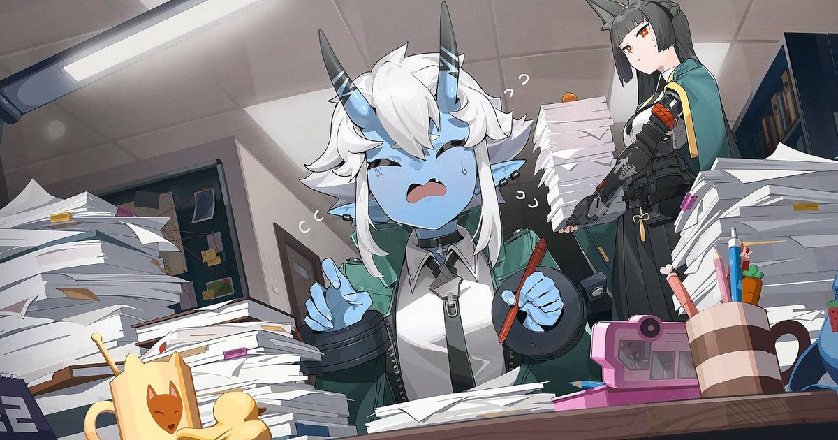 Zenless Zone Zero's Soukaku working at a desk covered in stacks of paper. Miyabi standing behind her holding another stack of paper.