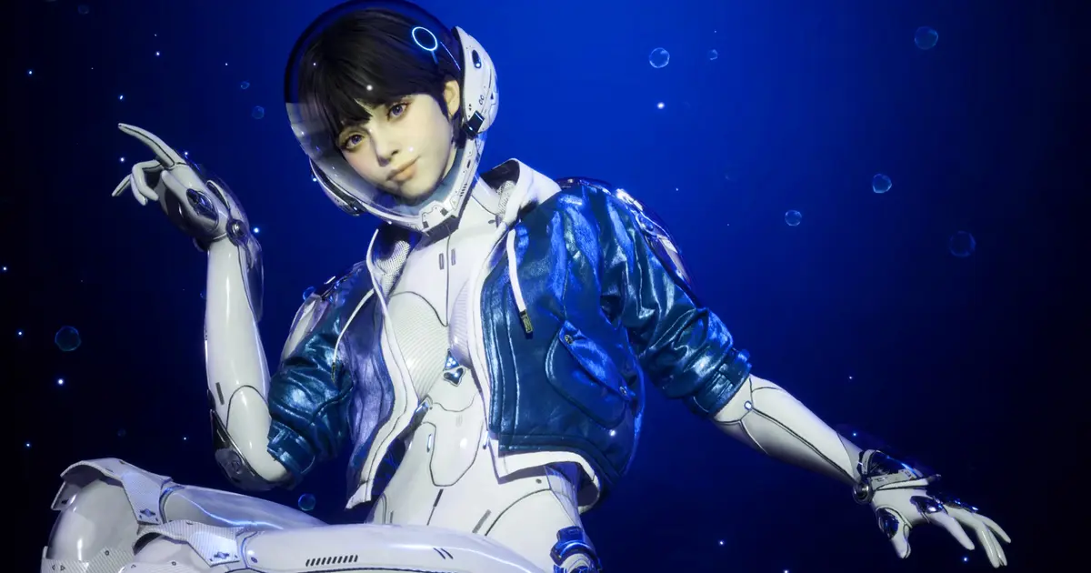 a woman in a futuristic suit and helmet is floating in the water .