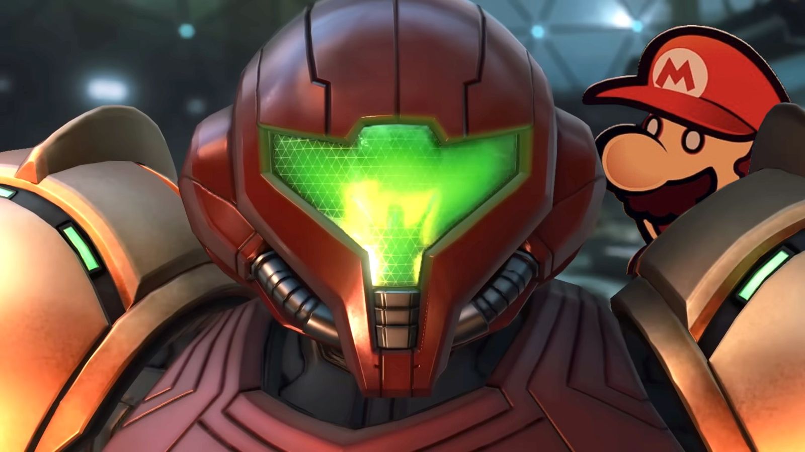 Metroid Prime 4 Beyond Samus standing in front of a shocked Paper Mario