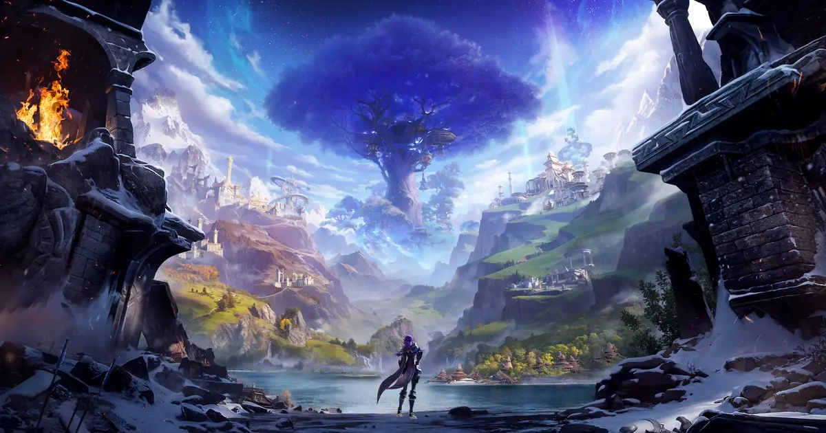 a woman is standing in front of a large tree in a video game .
