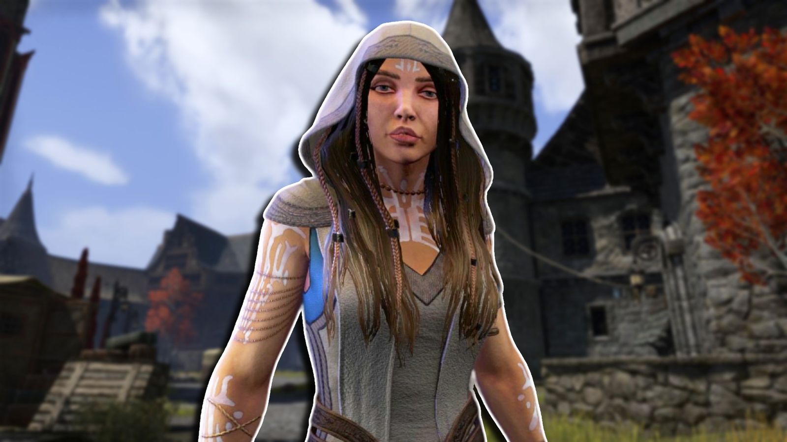 Ithelia from ESO Gold Road wearing a hood and looking directly towards the camera, placed against a blurred background of Skingrad.