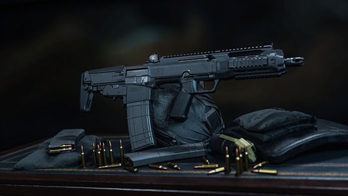 Screenshot of Warzone Tempus Razorback assault rifle on a table with an armour plate, ammunition, and a magazine beside it