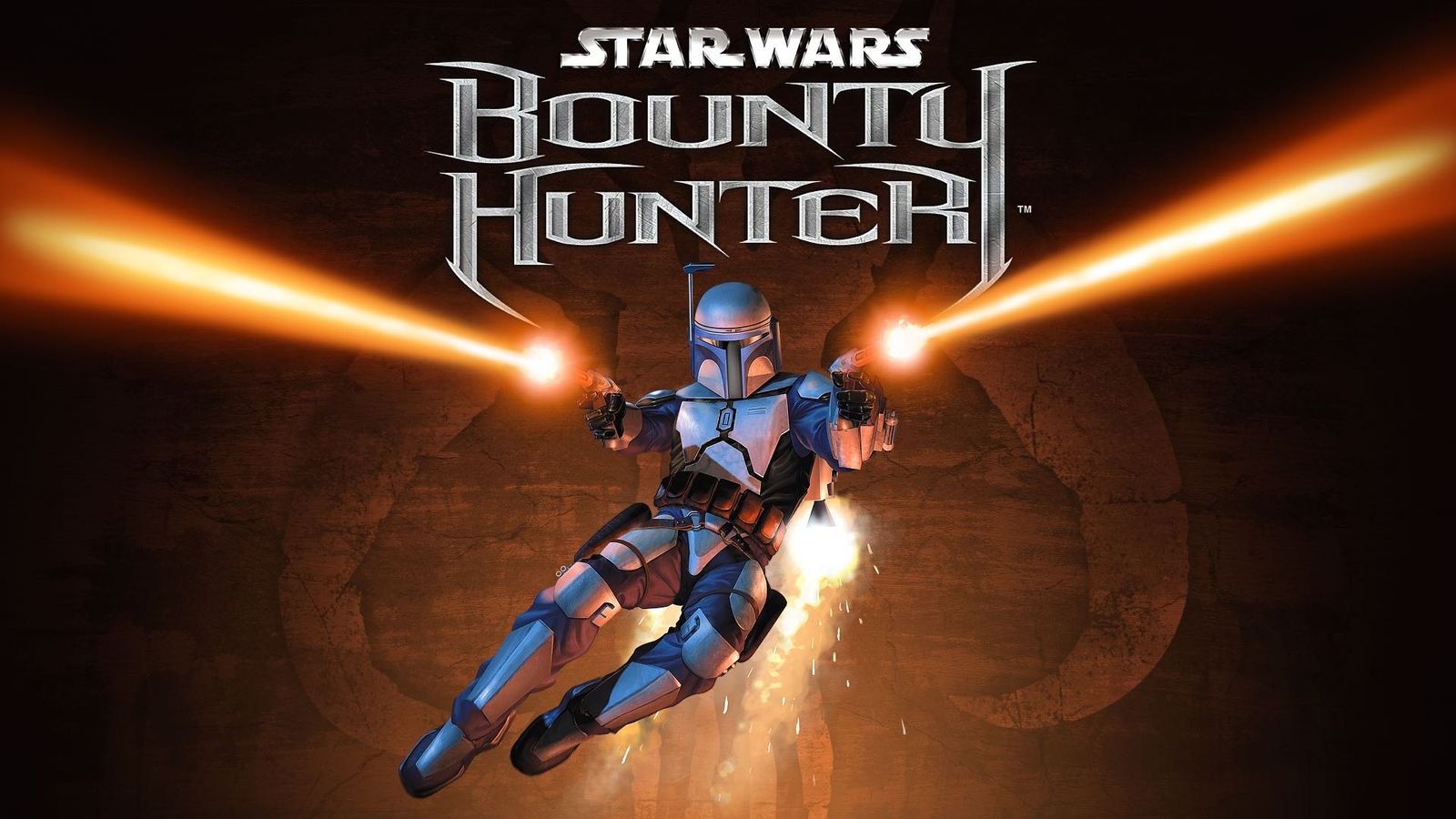 a poster for star wars bounty hunter with a man flying through the air holding two lightsabers .