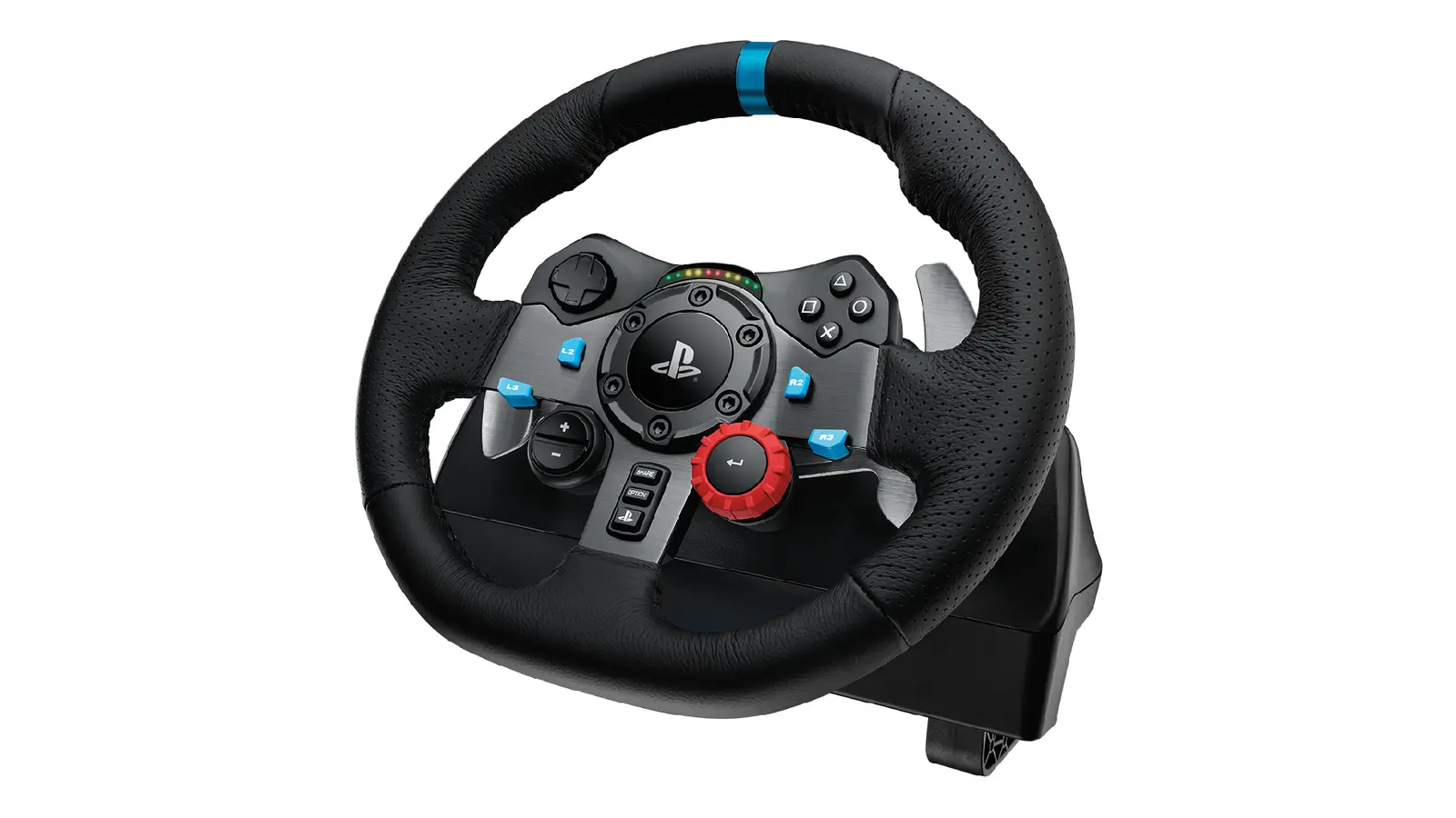 Logitech G29 product image of a black racing wheel feature blue outlined buttons and a red dial on the face.