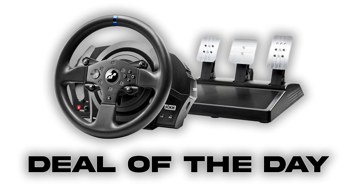 A black Thrustmaster racing wheel and three-pedal set above Deal of the Day branding in black.