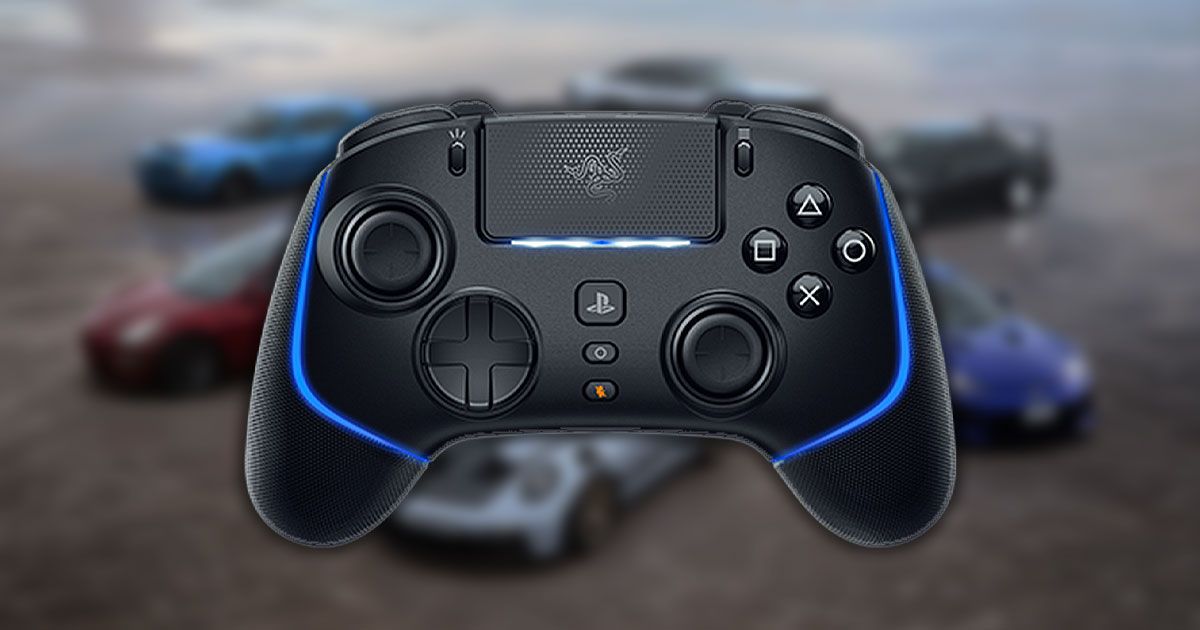 A black Razer controller with blue light trim in front of a blurry image of vehicles from Gran Turismo 7.