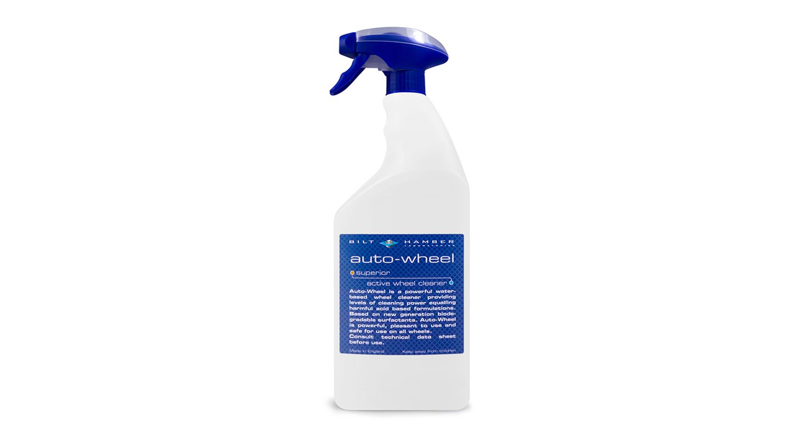 Bilt Hamber Auto Wheel Cleaner product image of a white bottle with a blue spray applicator.