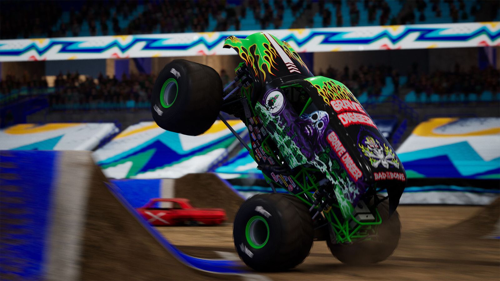 a monster truck is doing a trick on a track in a video game .