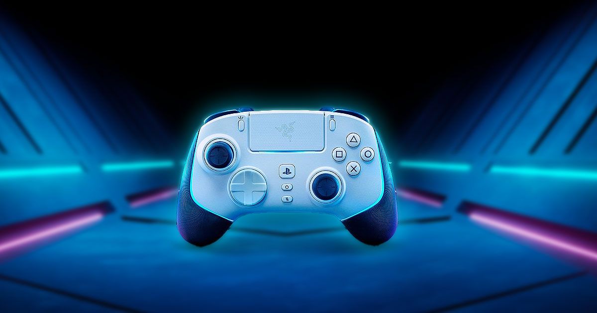 A white and black PlayStation-branded Razer controller surrounded by a light blue glow.