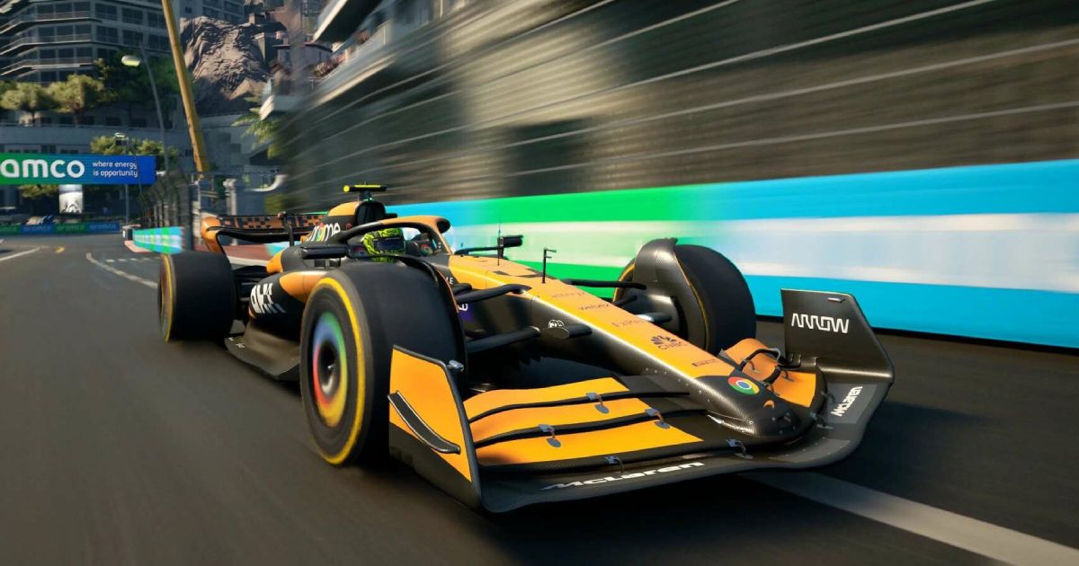 The orange and black McLaren in F1 Manager 2024 driving at high speeds on a track.