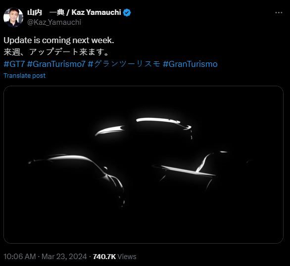 Kazunori Yamauchi's tweet teasing the addition of three cars in the forthcoming update