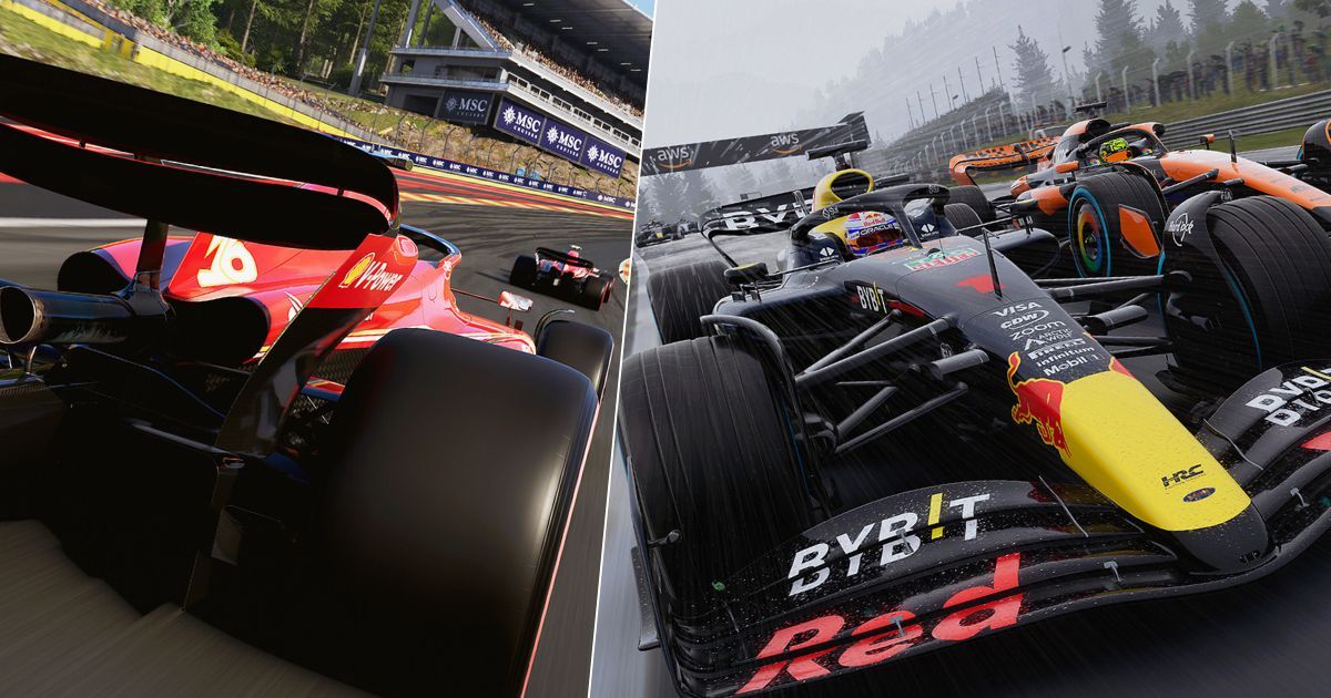 A split graphic image of the rear of a Ferrari in F1 24 on one side and the front of a Red Bull racing in the wet on the other