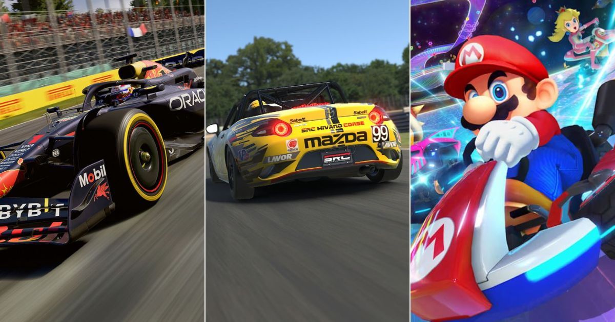 A triple graphic of a Red Bull Formula 1 car, the rear of a Mazda MX5, and Mario from Mario Kart 8 Deluxe