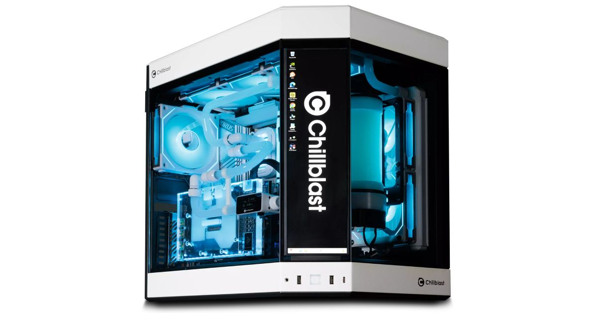 Chillblast The Verge product image of a white multi-sided PC with clear side panels showcasing the internal components lit in blue and a LED corner display.