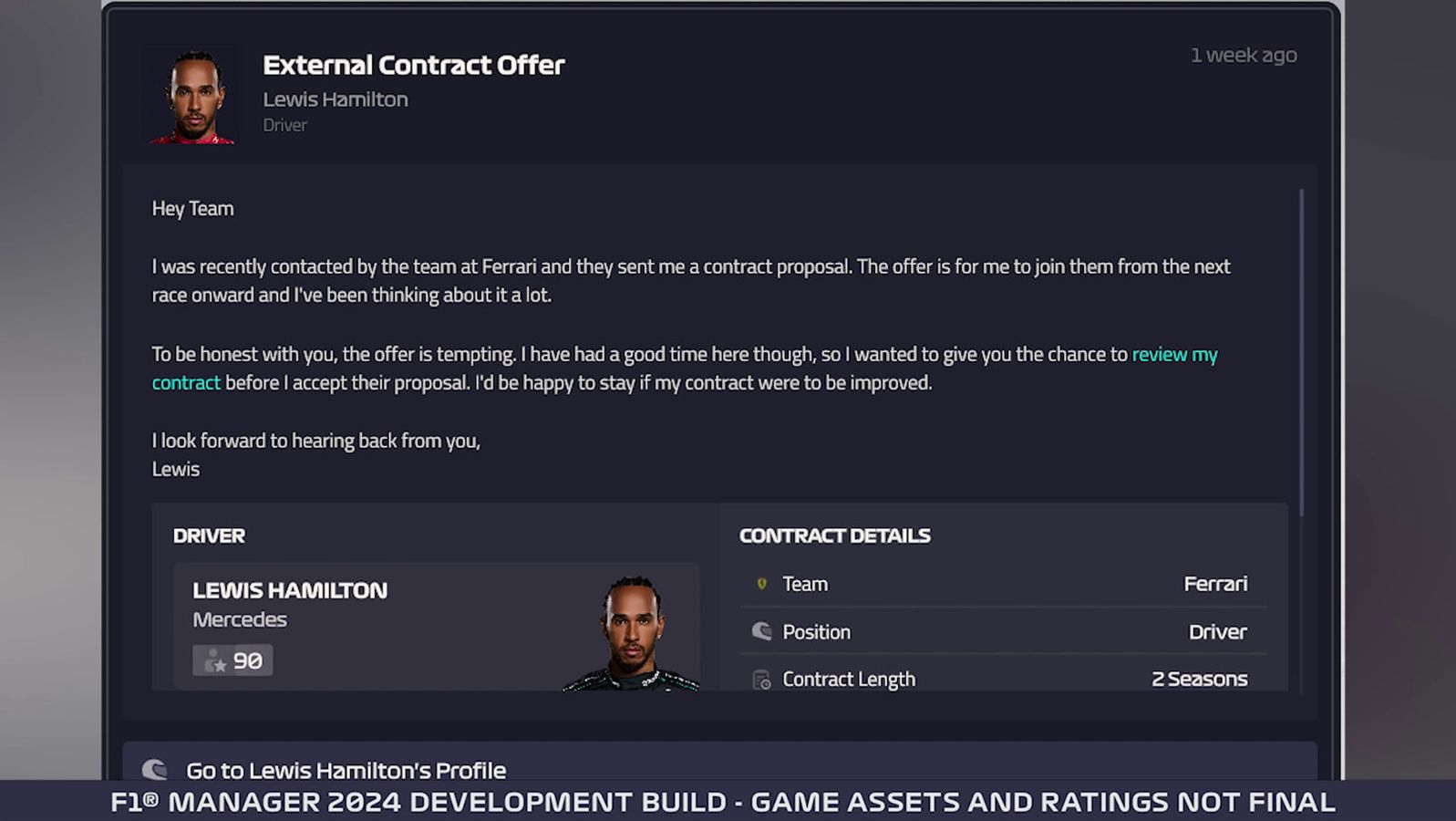 F1 Manager 2024 Lewis Hamilton Ferrari contract