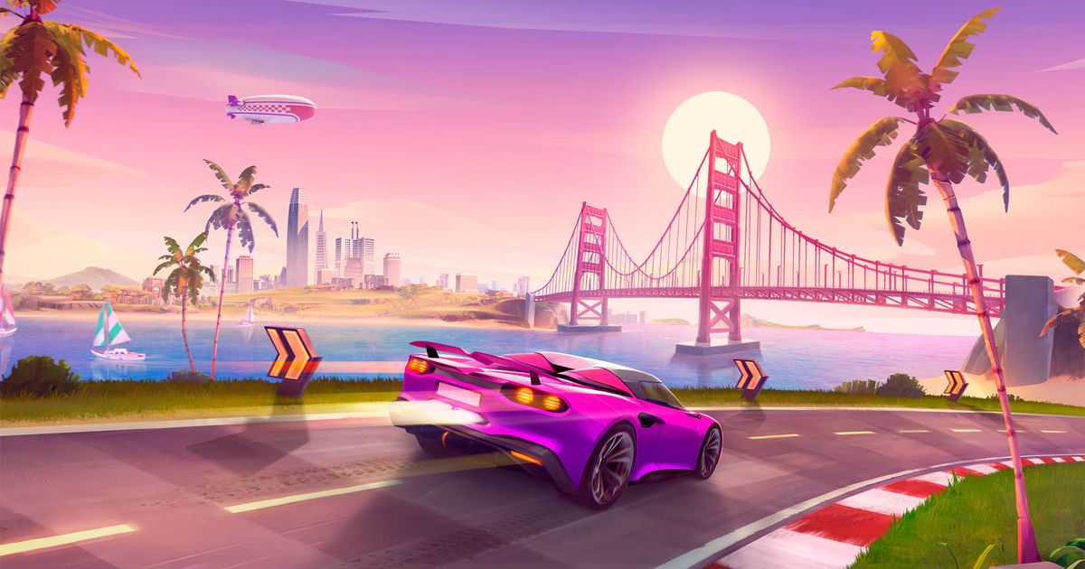 a purple car is driving down a race track with a bridge in the background .