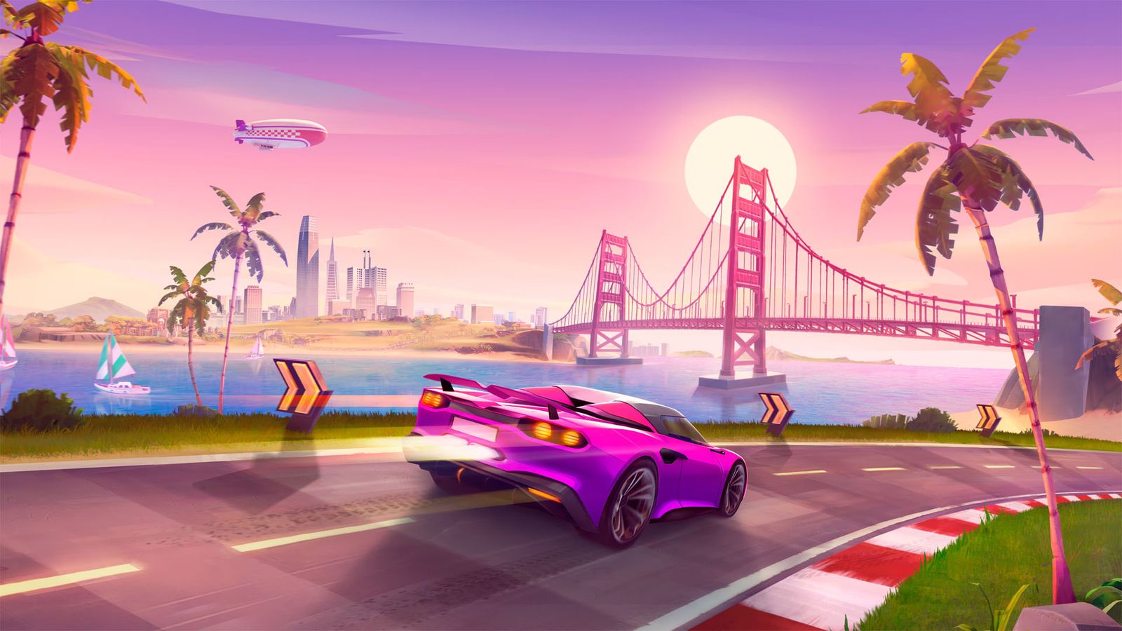 a purple car is driving down a race track with a bridge in the background .