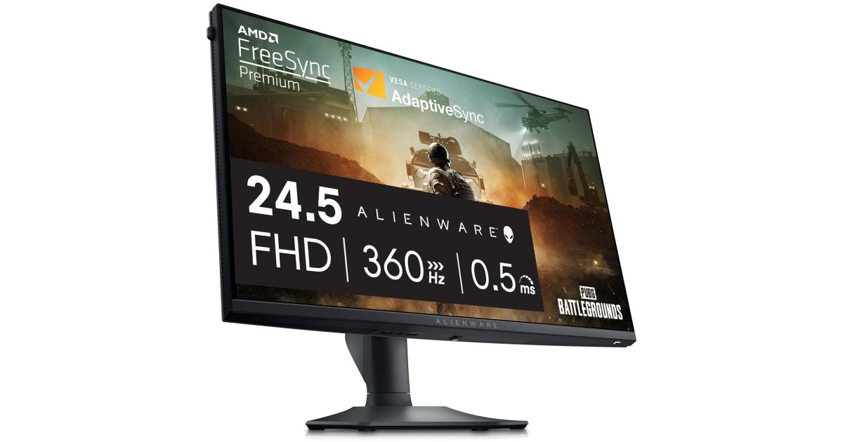 Alienware AW2523HF product image of a black near-frameless monitor with its stats on the display in front of PUBG gameplay.