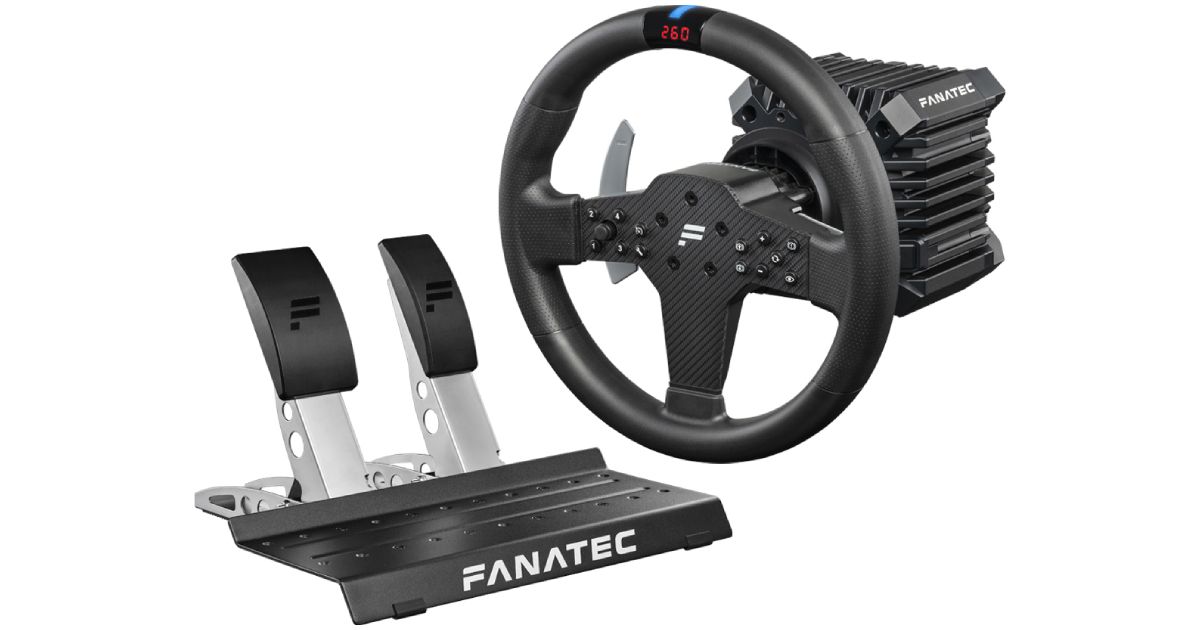 Fanatec CSL DD QR2 Ready2Race Bundle product image of a black wheel featuring a red LED digital display at the top next to a silver and black two-pedal set.