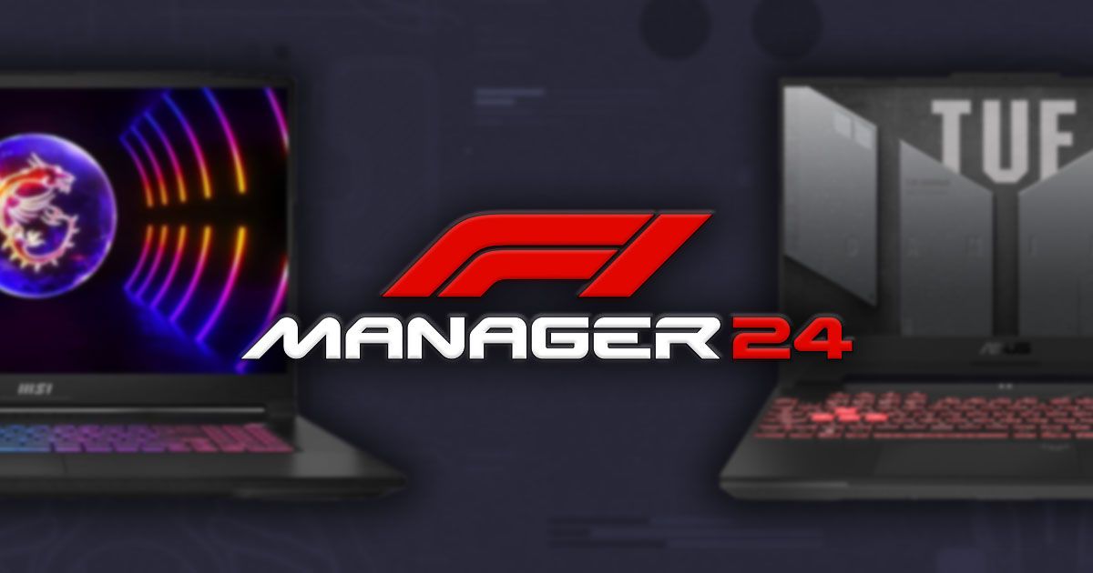 F1 Manager 24 logo in red and black with two different gaming laptops on either side in the background.