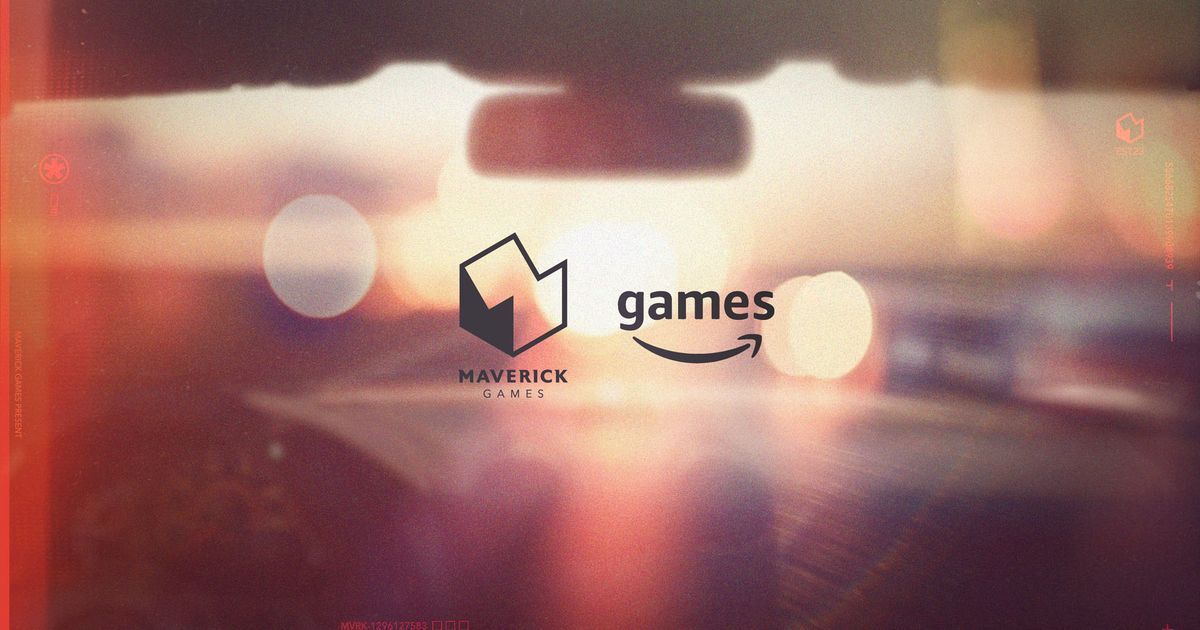 a logo for maverick games is displayed on a blurry background of a car .
