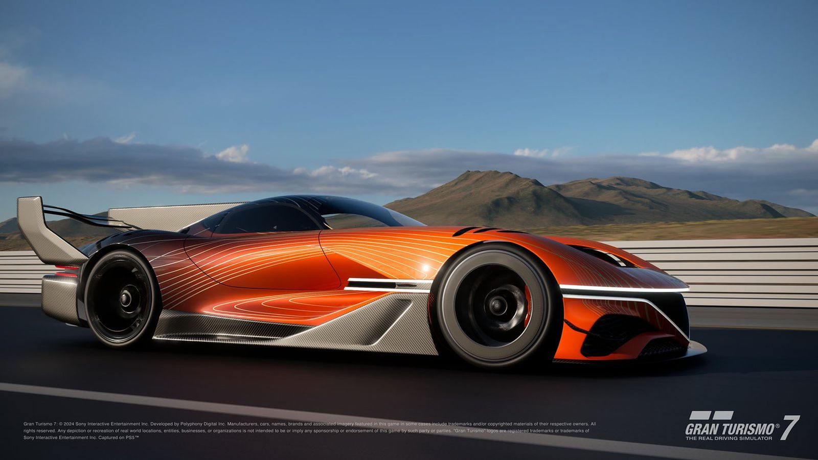 a concept car for gran turismo 7 is driving down a race track .