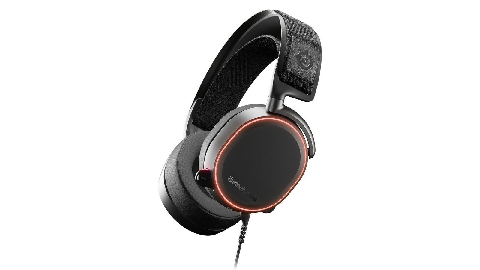 SteelSeries Arctis Pro product image of a black over-ear headset with a red light around the left earcup.